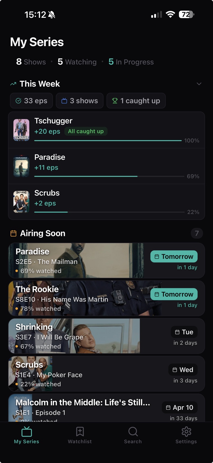 EpisodePal tracking screen showing this week and airing soon episodes