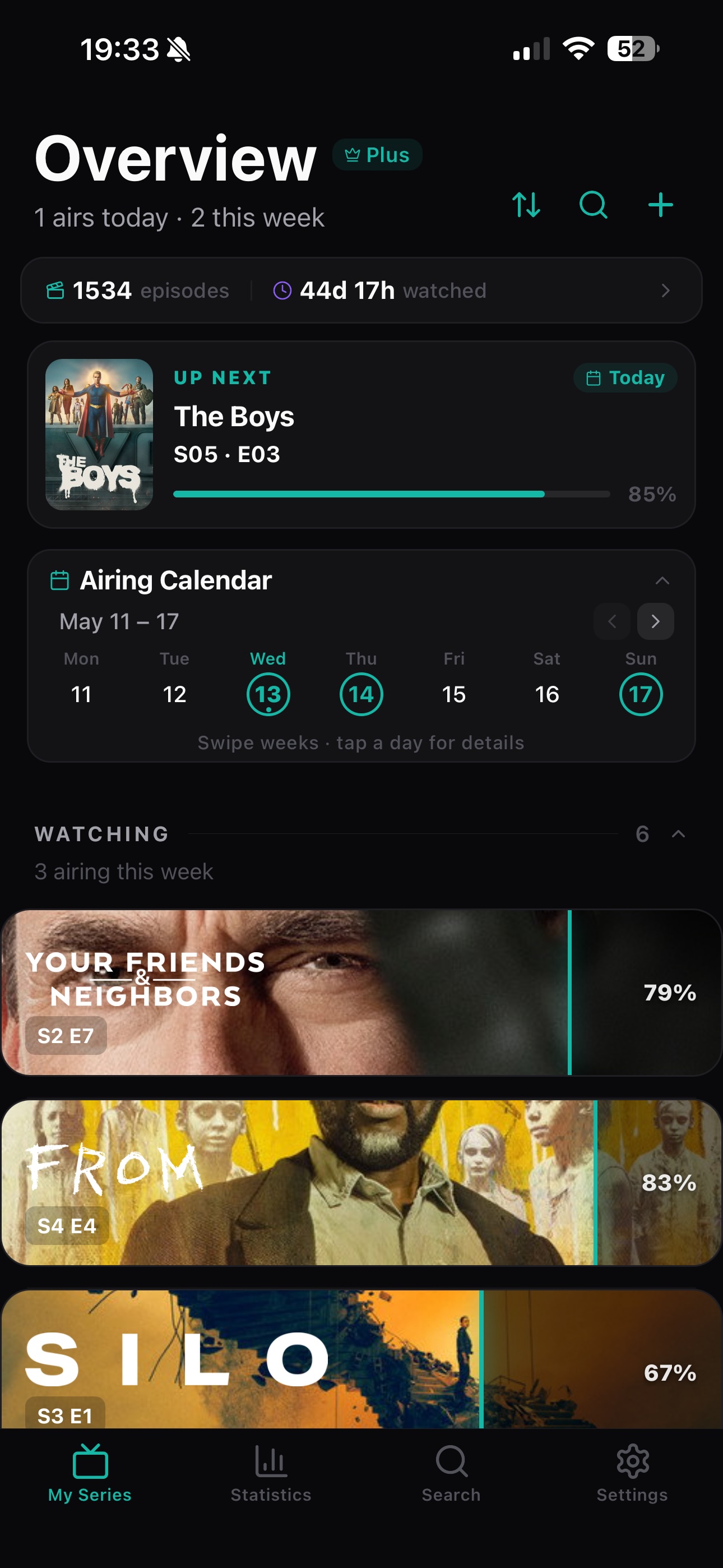 EpisodePal overview showing up next, airing calendar, and current watch progress