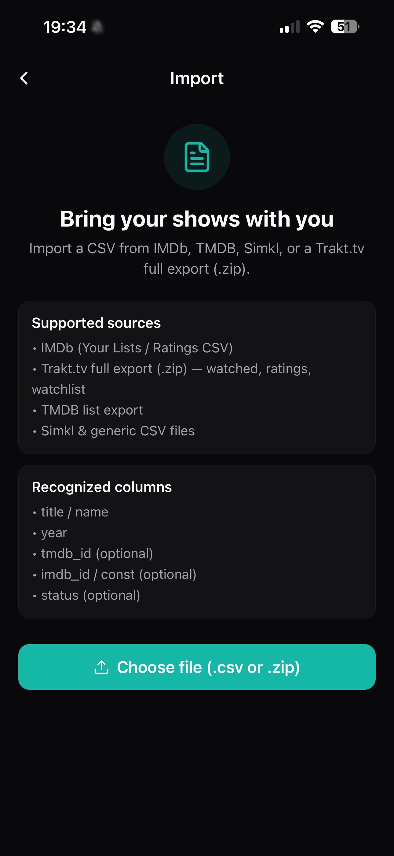 EpisodePal import screen for IMDb, TMDB, Trakt, and Simkl data