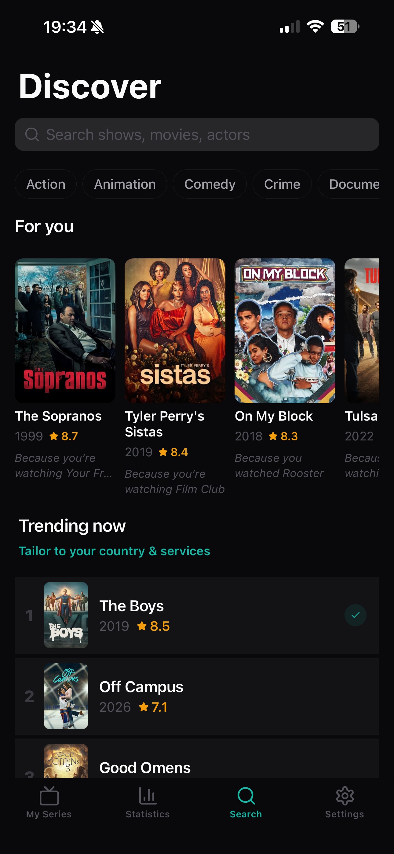 EpisodePal discover screen with recommendations and trending TV series