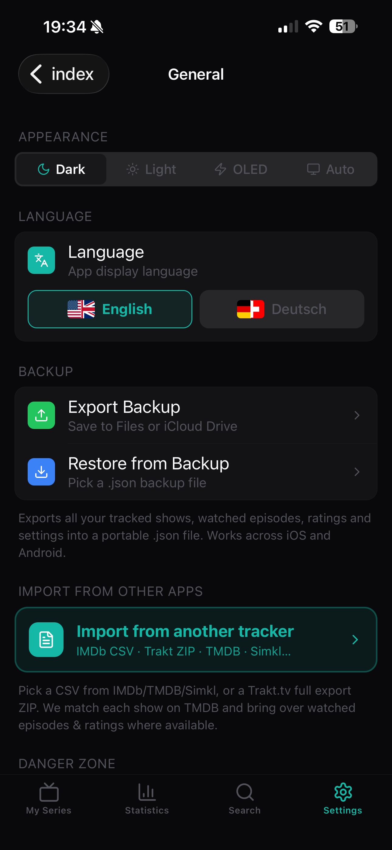 EpisodePal general settings screen with backup and import options