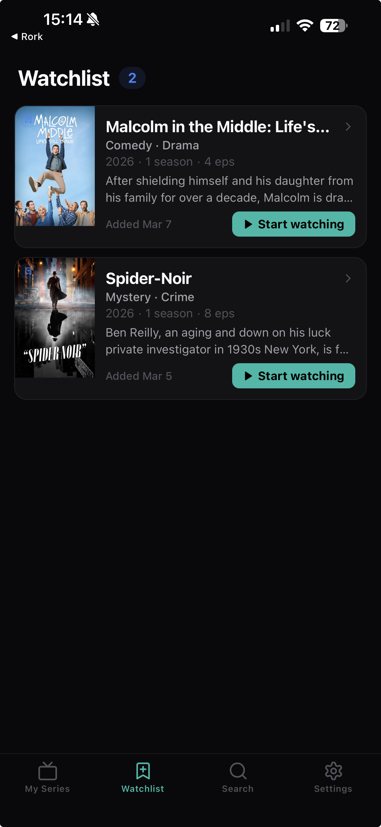 EpisodePal watchlist screen with shows ready to start